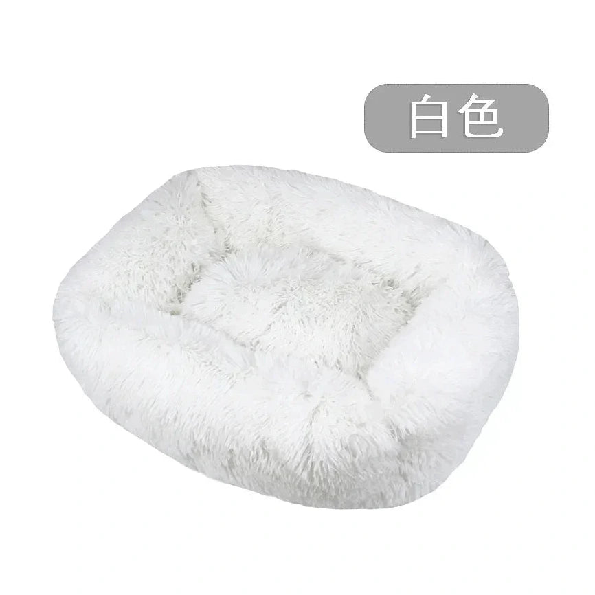 white fluffy rectangular pet bed with raised edges for small dogs or cats