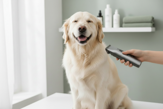  Person gently grooming a calm golden dog with a cordless low-noise pet clipper