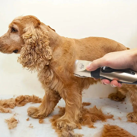 Professional Grooming Pet Hair Trimmer Kit in use on a dog, showcasing effective grooming with minimal mess.