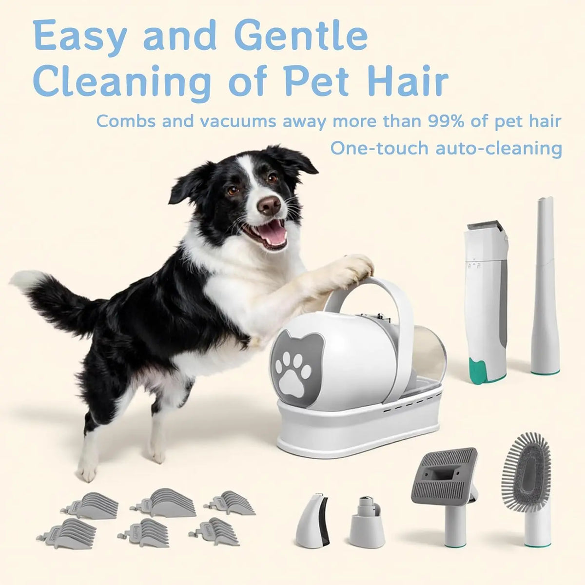 A black and white dog stands next to a pet hair cleaner and its accessories on a light beige background, with promotional text at the top about easy and gentle pet hair cleaning.