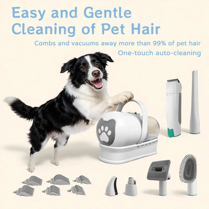 A black and white dog stands next to a pet hair cleaner and its accessories on a light beige background, with promotional text at the top about easy and gentle pet hair cleaning.