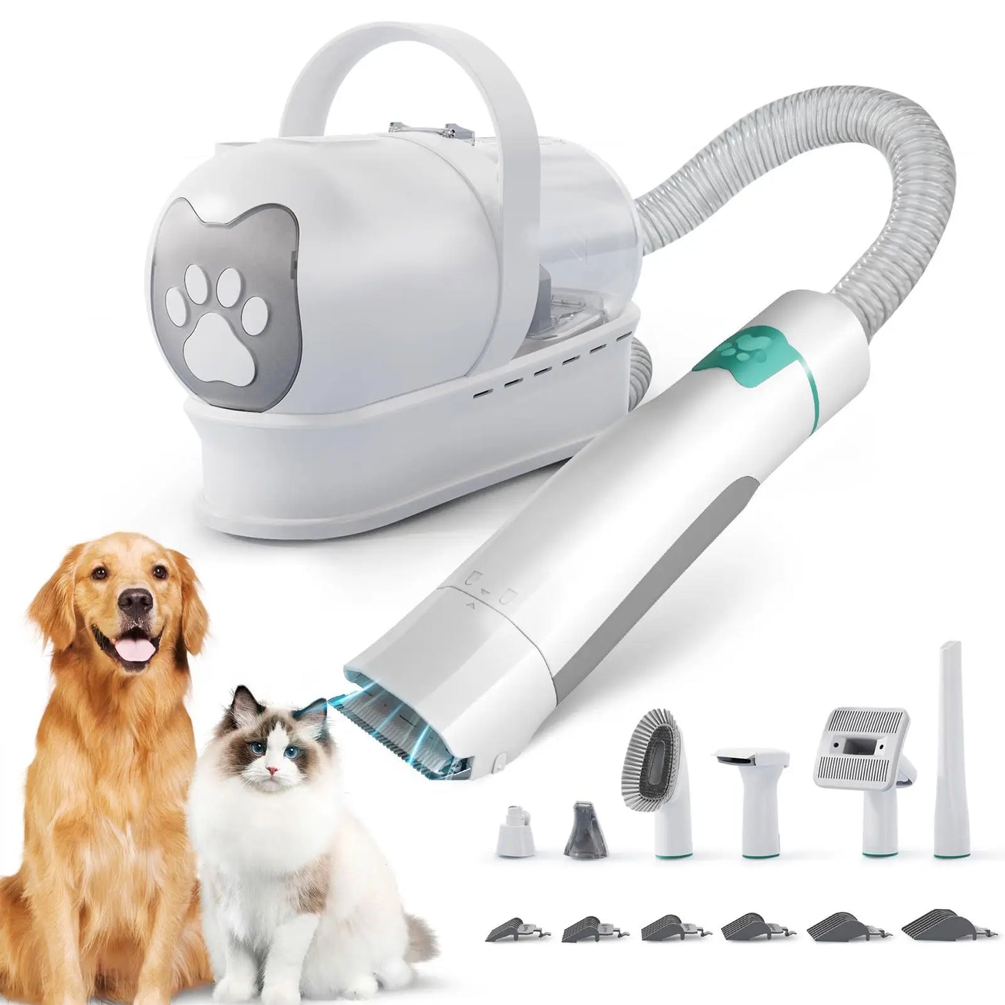 Pet grooming tool with attachments on a white background, featuring a dog and cat.