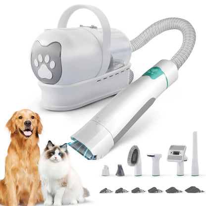 Pet grooming tool with attachments on a white background, featuring a dog and cat.