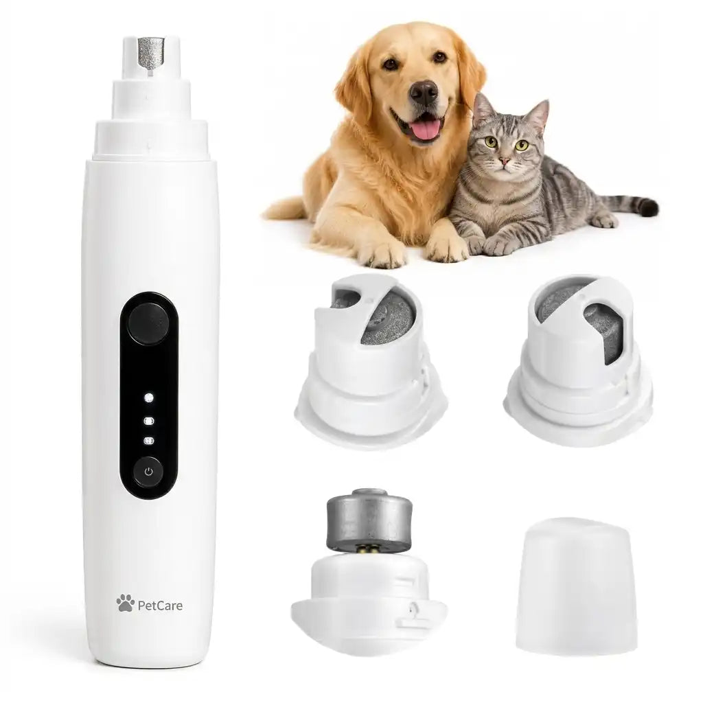 White PetCare pet nail trimmer shown with its interchangeable blades and a golden retriever and tabby cat in the background on a white studio backdrop.