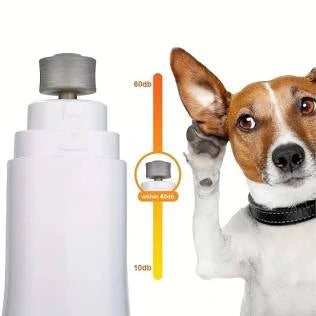 A white cylindrical pet product shown next to a dog with one paw raised, with overlaid dB/10dB measurement graphics on a white background.