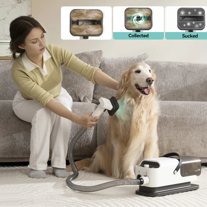 Woman vacuuming a dog with grooming equipment, showing hair collection process.