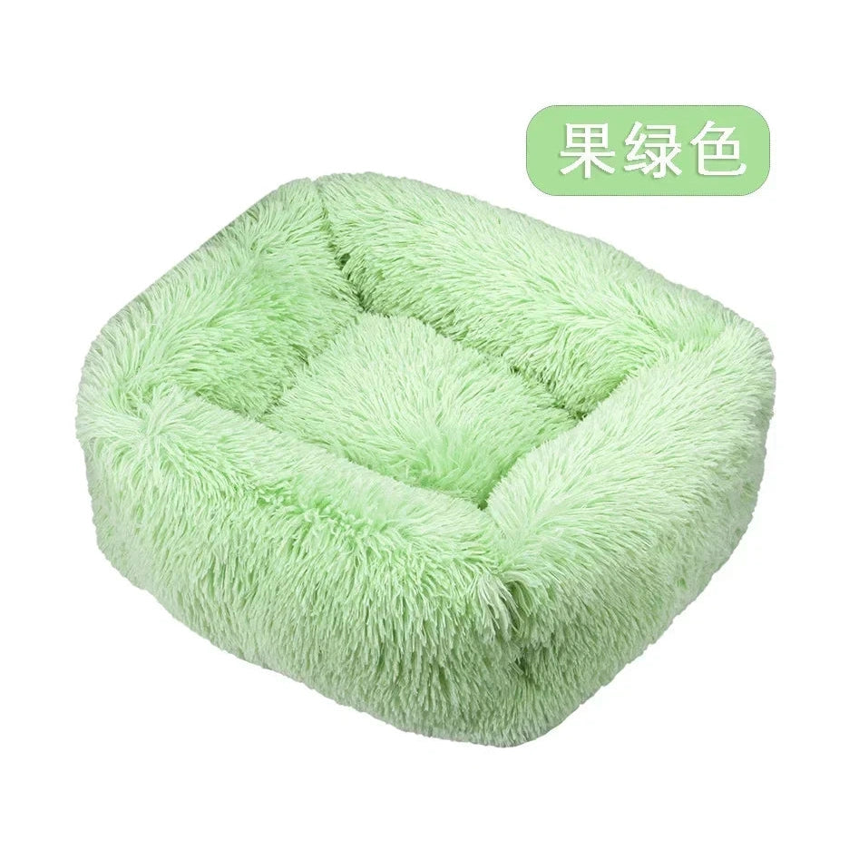 Soft light green fluffy square pet bed with raised sides for small dogs or cats