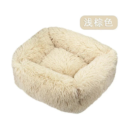 Fluffy beige rectangular pet bed with soft plush texture and raised edges