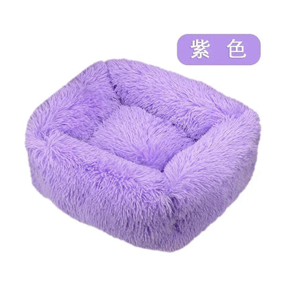 Soft, fluffy purple pet bed with plush cushioning and raised edges for comfort