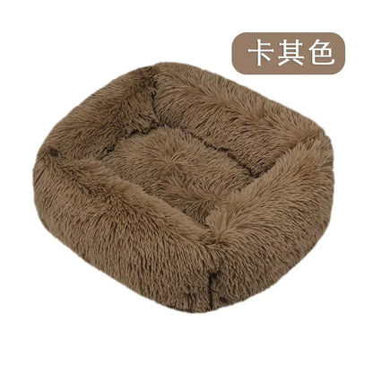Soft plush brown rectangular pet bed with raised cushioned edges for small dogs and cats