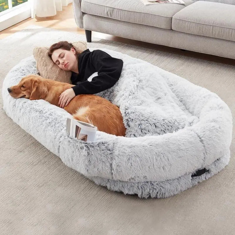 Woman and golden retriever napping together on grey orthopedic human dog bed