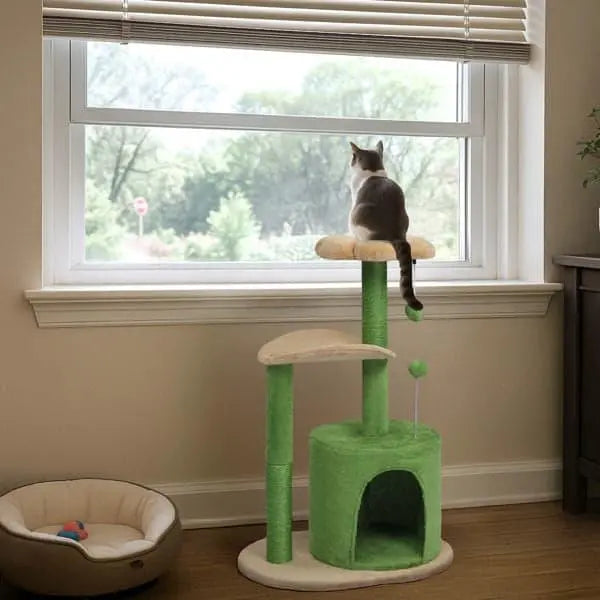 Beds & Furniture 1pc 33in Cat Tree, Multi-level Cat Tower With Cat Scratching Post With Curved Perch, Cozy Cat Condo, Padded Top Bed For Kittens And Indoor Cats, Beige & Green