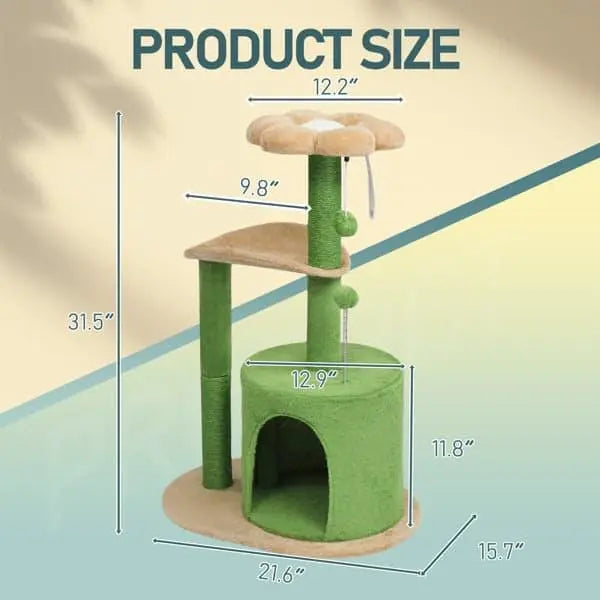 Beds & Furniture 1pc 33in Cat Tree, Multi-level Cat Tower With Cat Scratching Post With Curved Perch, Cozy Cat Condo, Padded Top Bed For Kittens And Indoor Cats, Beige & Green