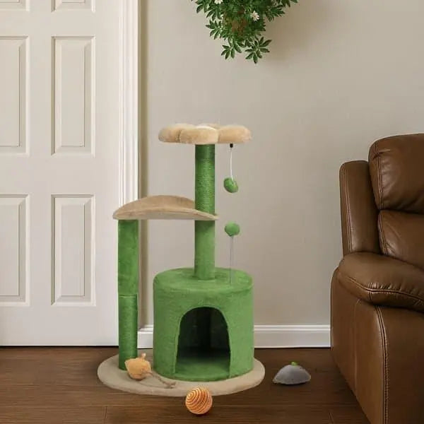 Beds & Furniture 1pc 33in Cat Tree, Multi-level Cat Tower With Cat Scratching Post With Curved Perch, Cozy Cat Condo, Padded Top Bed For Kittens And Indoor Cats, Beige & Green