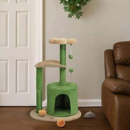 Beds & Furniture 1pc 33in Cat Tree, Multi-level Cat Tower With Cat Scratching Post With Curved Perch, Cozy Cat Condo, Padded Top Bed For Kittens And Indoor Cats, Beige & Green