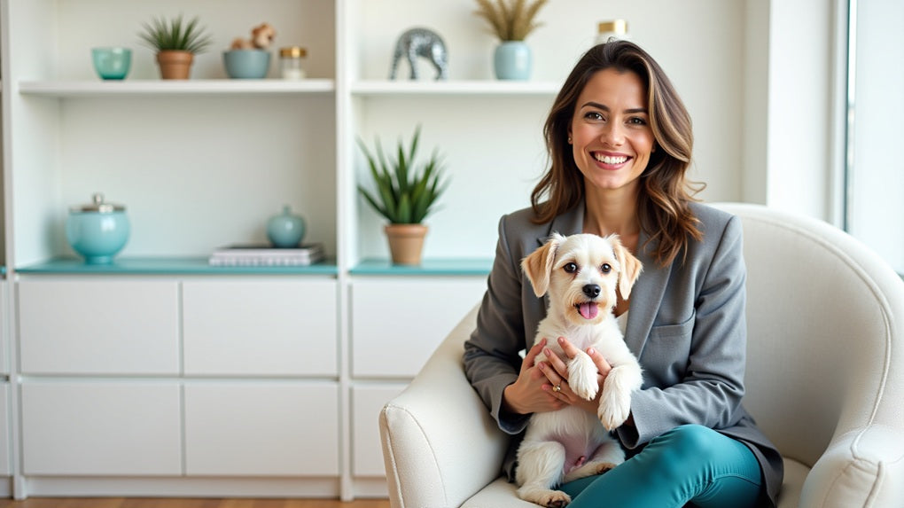 Woman sitting on a couch holding a small white dog in a modern living room.