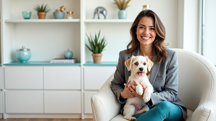 Woman sitting on a couch holding a small white dog in a modern living room.