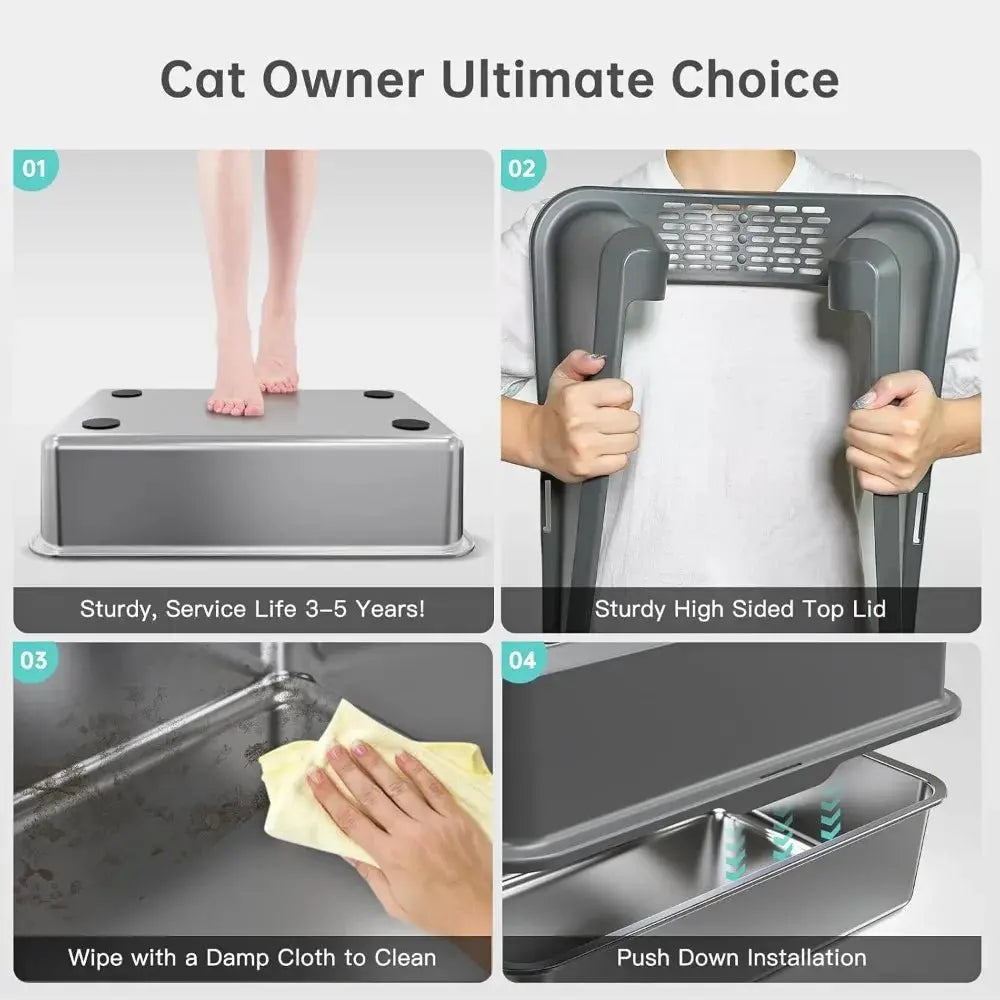 High Sided Stainless Steel Cat Litter Box - 11.8" Tall Sides, Odor - Free & Non - Stick - Petmartopia