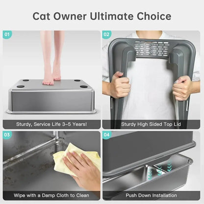 High Sided Stainless Steel Cat Litter Box - 11.8" Tall Sides, Odor - Free & Non - Stick - Petmartopia