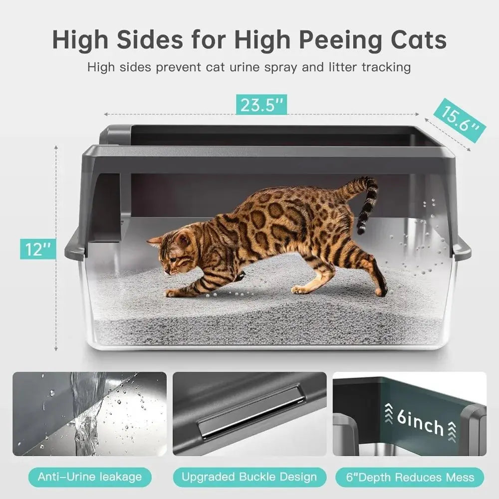 High Sided Stainless Steel Cat Litter Box - 11.8" Tall Sides, Odor - Free & Non - Stick - Petmartopia