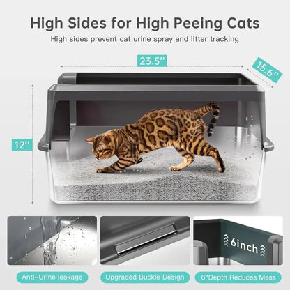 High Sided Stainless Steel Cat Litter Box - 11.8" Tall Sides, Odor - Free & Non - Stick - Petmartopia