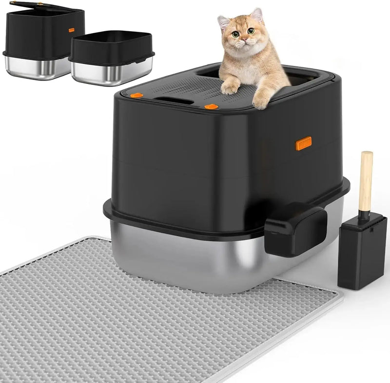 High Sided Stainless Steel Cat Litter Box - 11.8" Tall Sides, Odor - Free & Non - Stick - Petmartopia