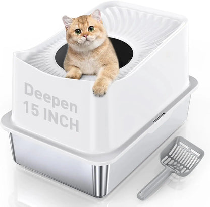 High Sided Stainless Steel Cat Litter Box - 11.8" Tall Sides, Odor - Free & Non - Stick - Petmartopia