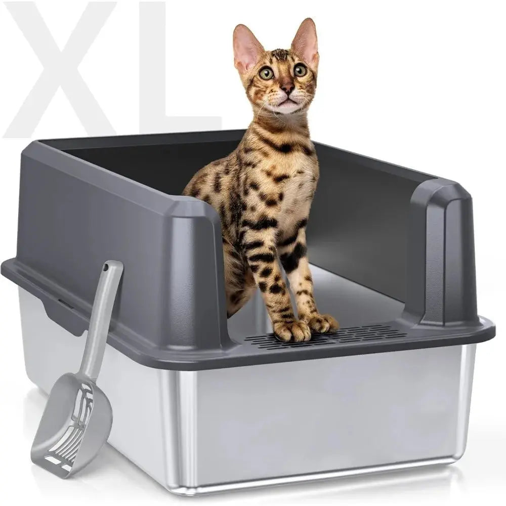 High Sided Stainless Steel Cat Litter Box - 11.8" Tall Sides, Odor - Free & Non - Stick - Petmartopia