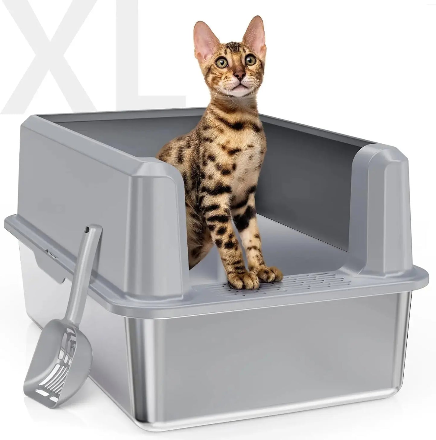 High Sided Stainless Steel Cat Litter Box - 11.8" Tall Sides, Odor - Free & Non - Stick - Petmartopia
