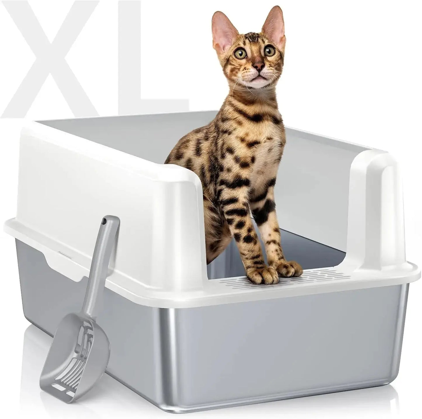 High Sided Stainless Steel Cat Litter Box - 11.8" Tall Sides, Odor - Free & Non - Stick - Petmartopia