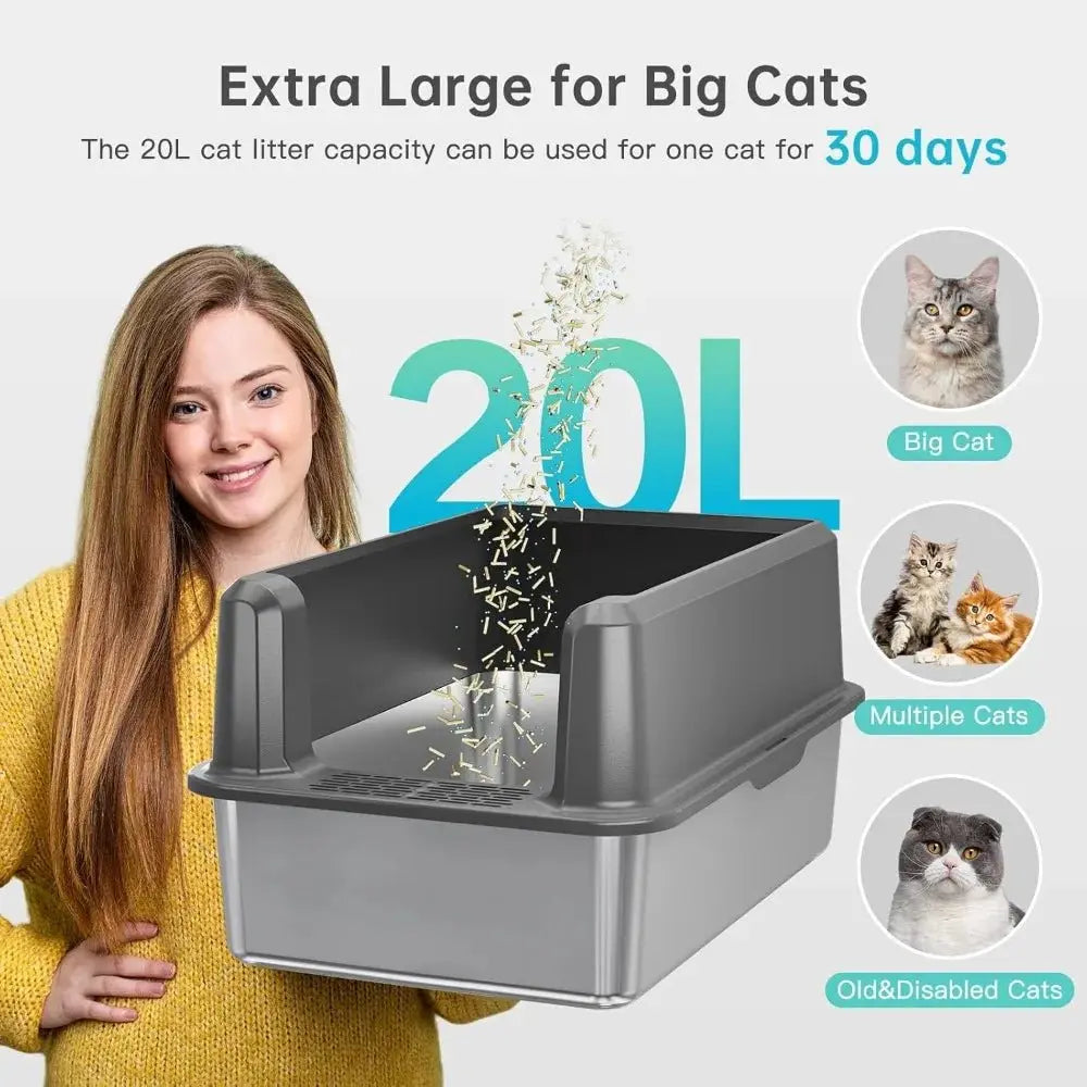 High Sided Stainless Steel Cat Litter Box - 11.8" Tall Sides, Odor - Free & Non - Stick - Petmartopia