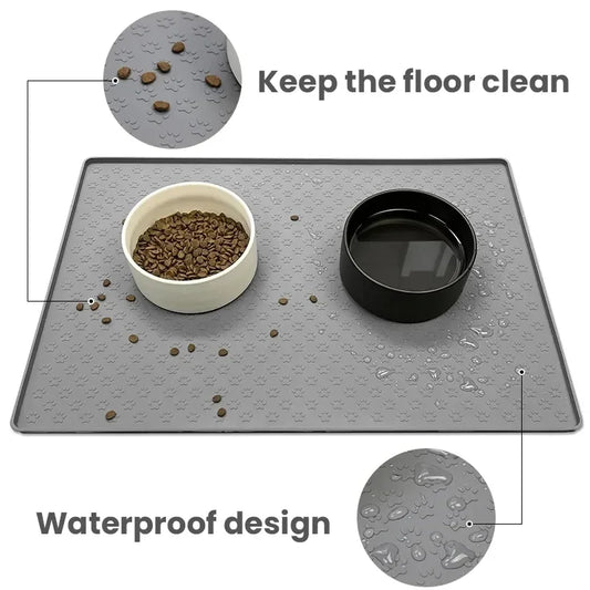 Non-slip Silicone Pet Feeding Mat with paw print design, featuring scattered pet treats, ideal for mess-free feeding.