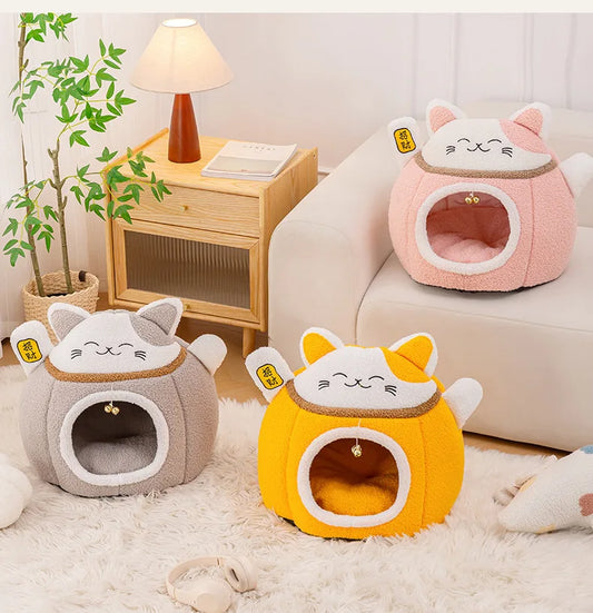 Semi-Enclosed Comfortable Cat Nest - cozy plush cat beds in grey, pink, and orange with cute cat ear design.