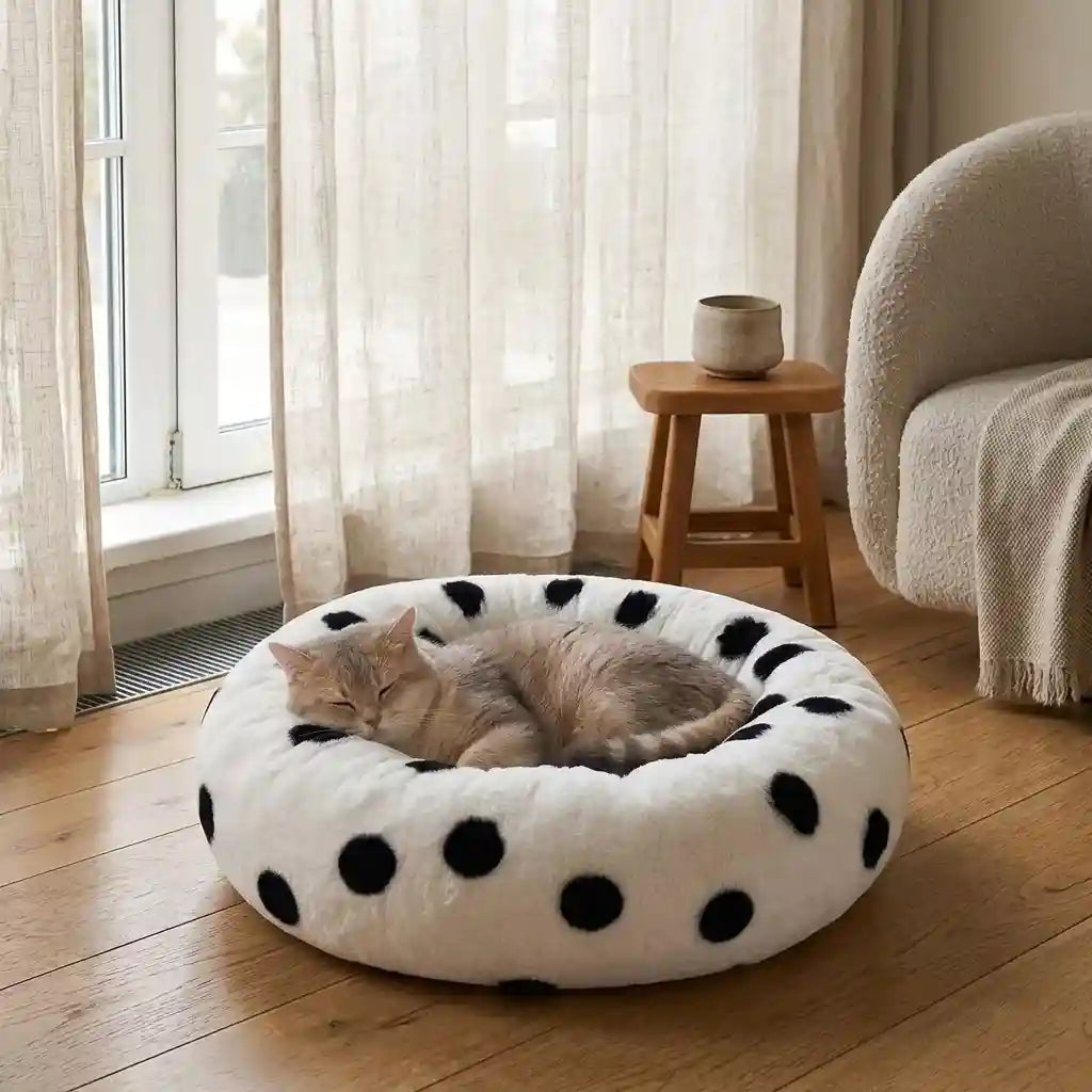 A fluffy round pet bed with black polka dots on a cream background, with a gray cat sleeping inside, set on a wooden floor in a bright room with curtains and a chair.