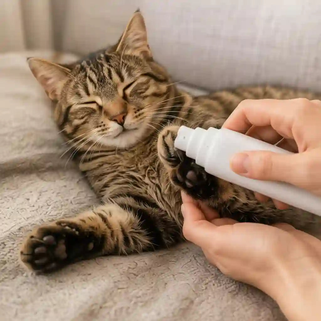 A brown tabby cat lies on a soft beige blanket while a person holds its paw and applies a white spray bottle, likely a pet grooming or calming spray.