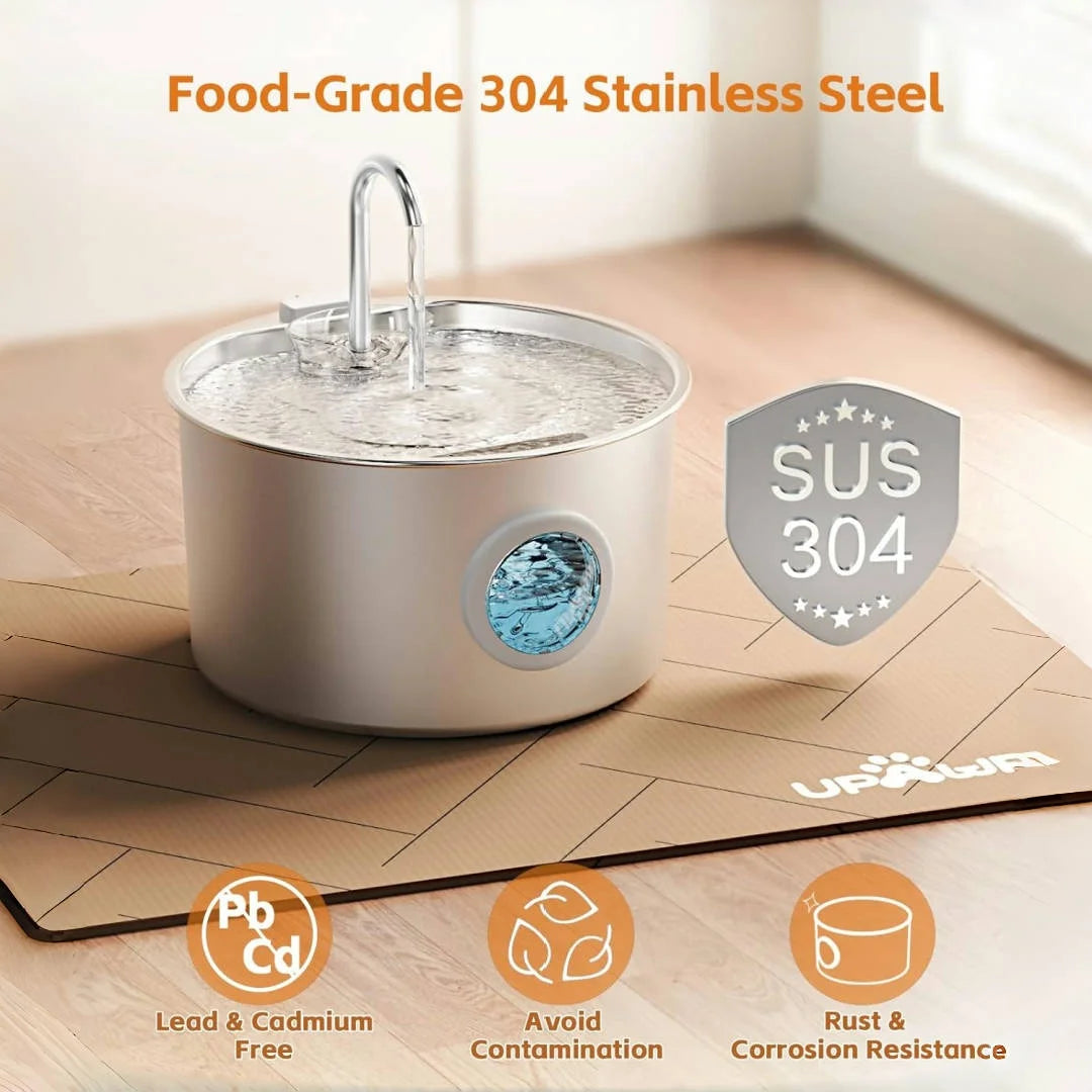 Stainless Steel Pet Fountain Dispenser showcasing food-grade 304 material for durability and cleanliness.