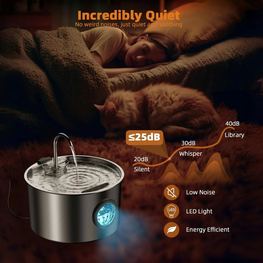 Stainless Steel Pet Fountain Dispenser with ultra-quiet pump design, perfect for peaceful home environments.
