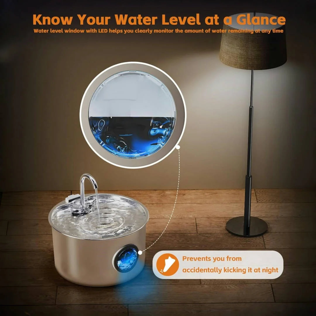 Stainless Steel Pet Fountain Dispenser with LED water level indicator for easy monitoring at all times.