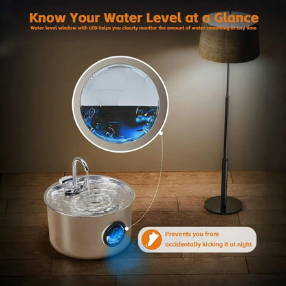 Stainless Steel Pet Fountain Dispenser with LED water level indicator for easy monitoring at all times.