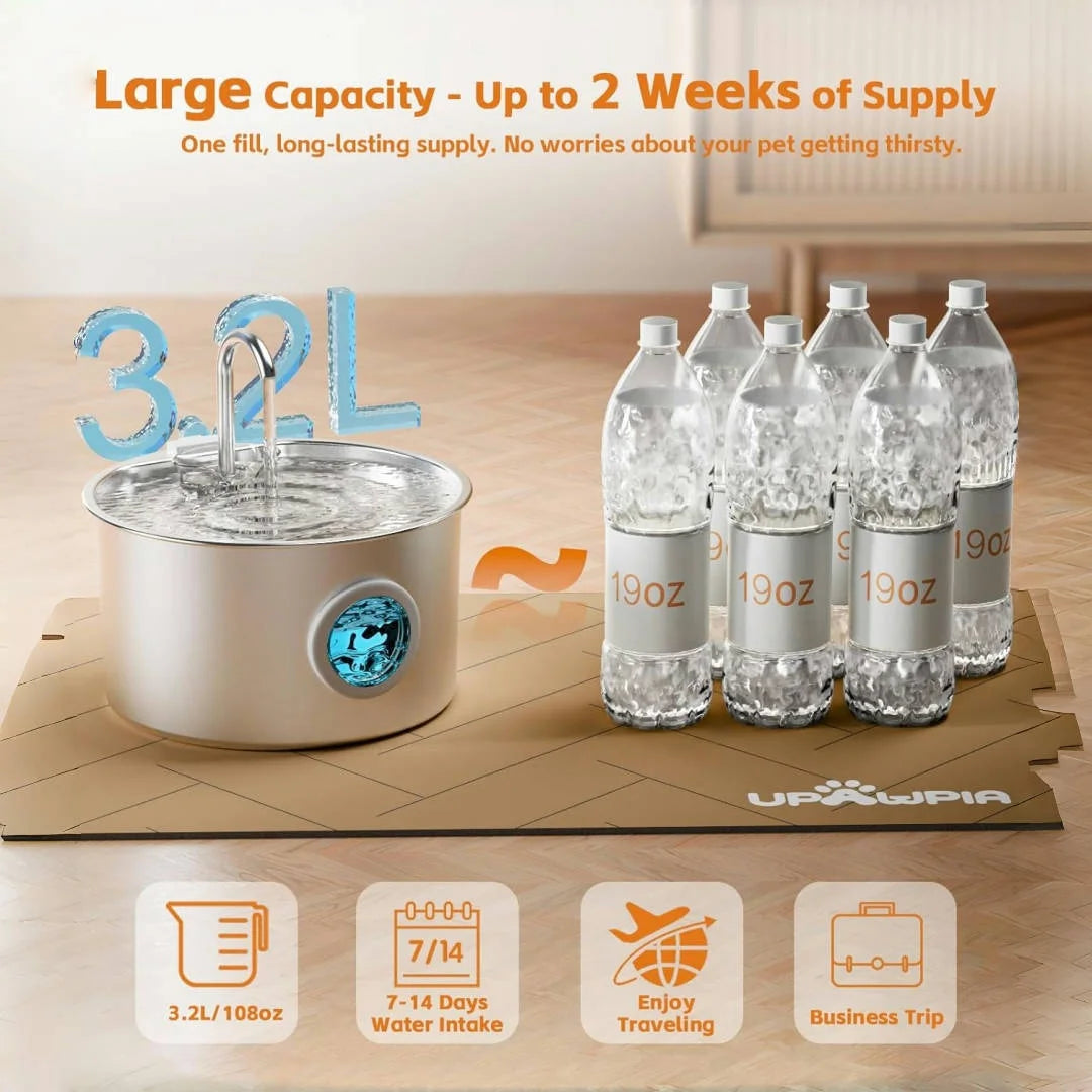 Stainless Steel Pet Fountain Dispenser with 3.2L capacity ensuring 2 weeks of fresh water for pets.