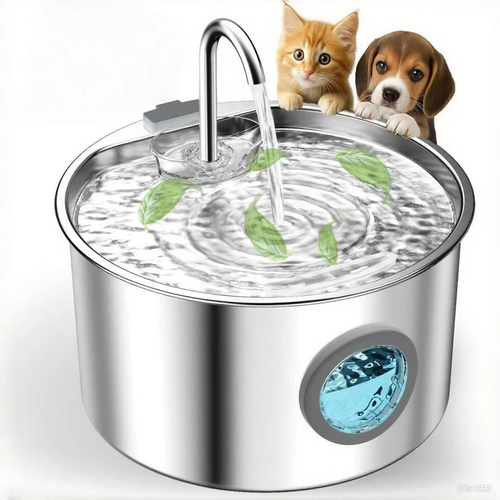 Cute kittens and puppies near a Stainless Steel Pet Fountain Dispenser with flowing water and filtered design.