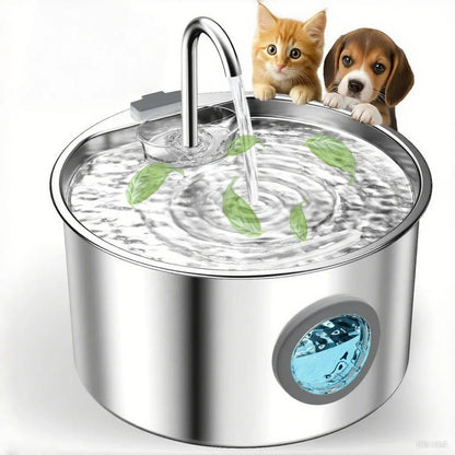 Cute kittens and puppies near a Stainless Steel Pet Fountain Dispenser with flowing water and filtered design.