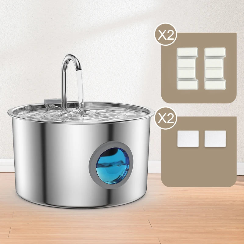 Stainless Steel Pet Fountain Dispenser with blue window and accessories for filtration, designed for quiet operation.