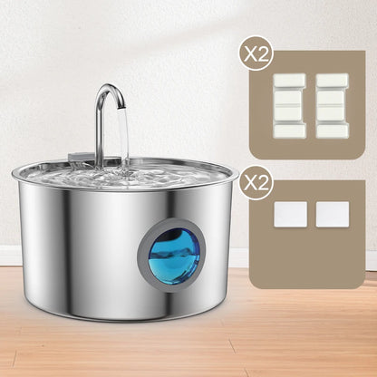Stainless Steel Pet Fountain Dispenser with blue window and accessories for filtration, designed for quiet operation.