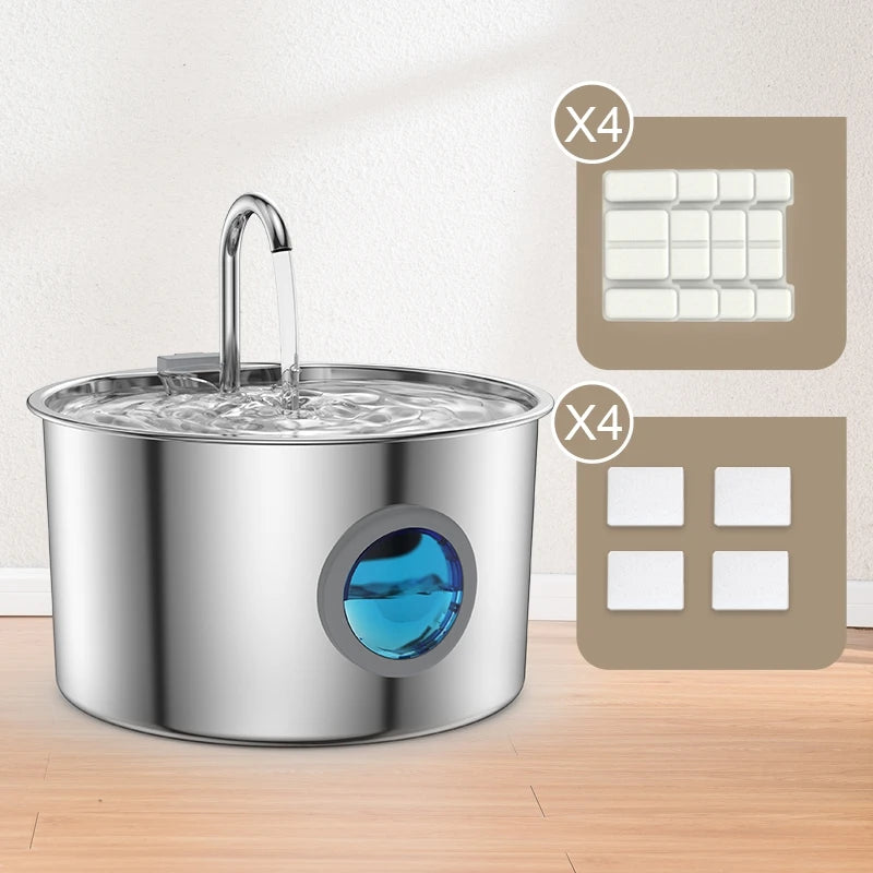 Stainless Steel Pet Fountain Dispenser with suspended pump design for quiet operation and multi-stage filtration.
