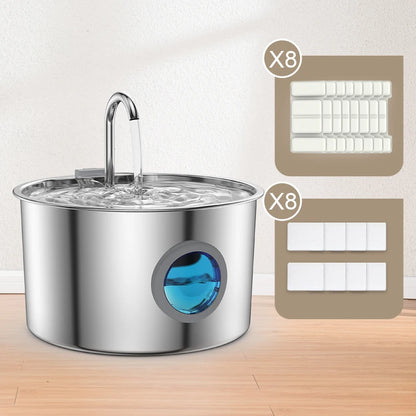 Stainless Steel Pet Fountain Dispenser with suspended pump design and multi-stage filtration system.