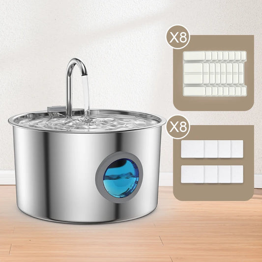 Cute kittens and puppies near a Stainless Steel Pet Fountain Dispenser with flowing water and filtered design.