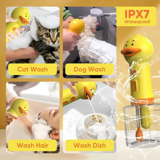 Pet Electric Shampoo Dispenser and happy pets with foaming shampoo.